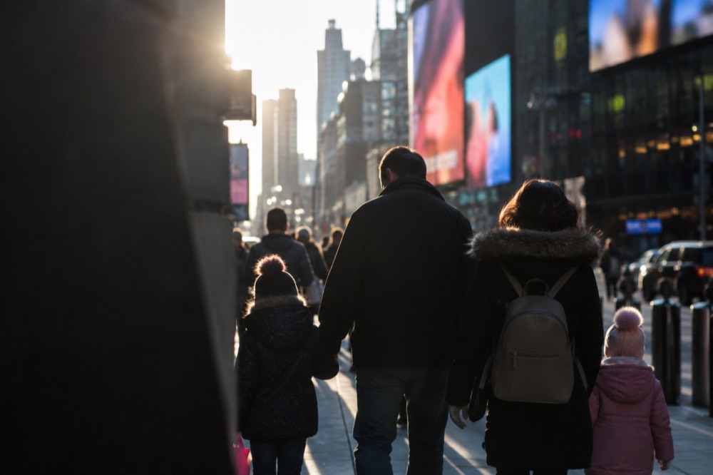 A family walking through a bright theater district sidewalk with marquees glowing behind them