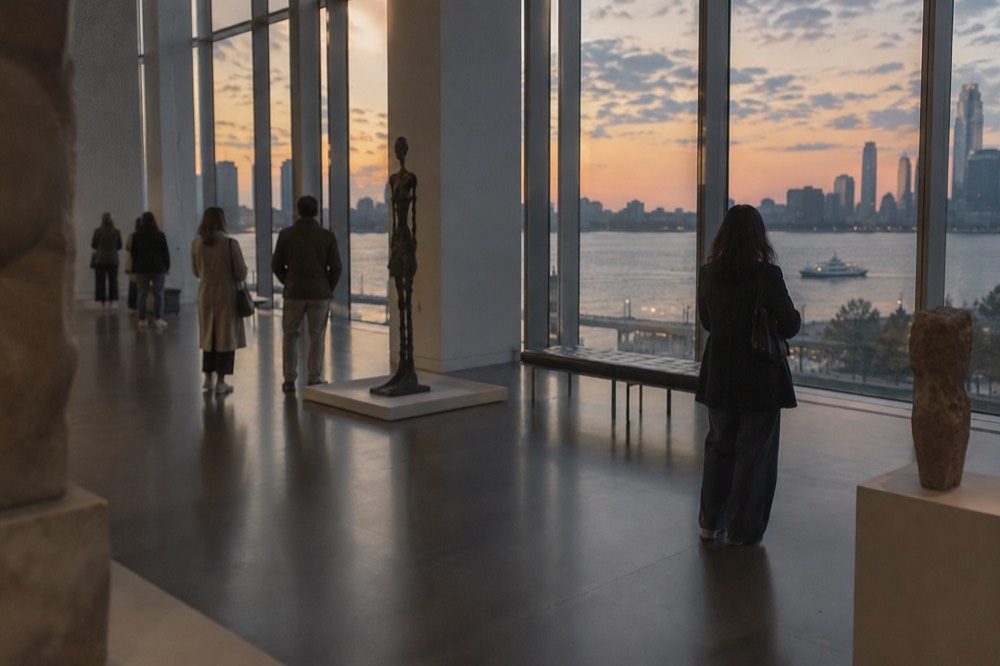 A museum gallery with large windows overlooking the Hudson River at dusk