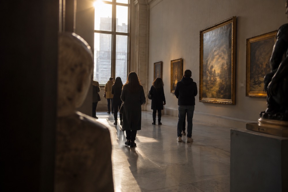 A grand museum gallery with visitors looking at paintings