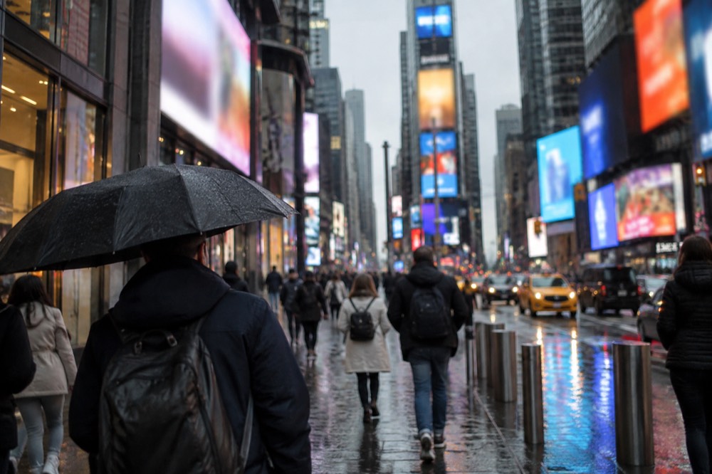 A street level view of Times Square billboards at dusk