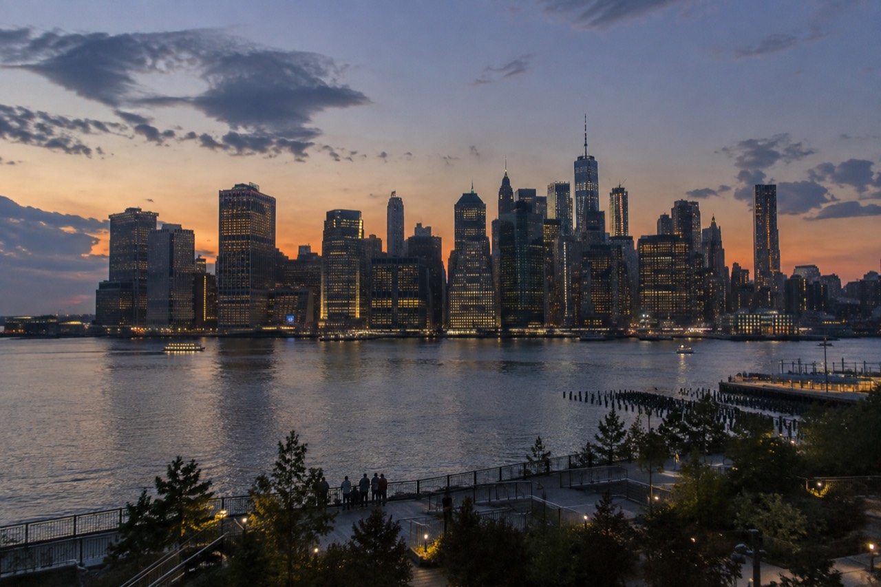 The Manhattan skyline seen across the water at golden hour