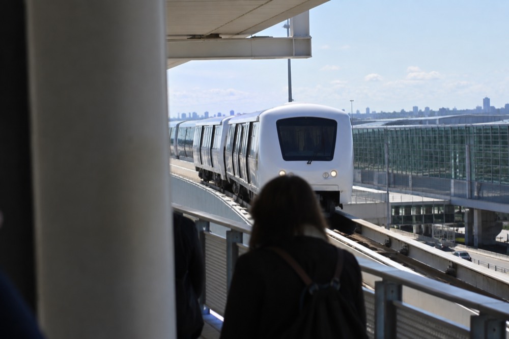 An AirTrain monorail arriving at a JFK airport station