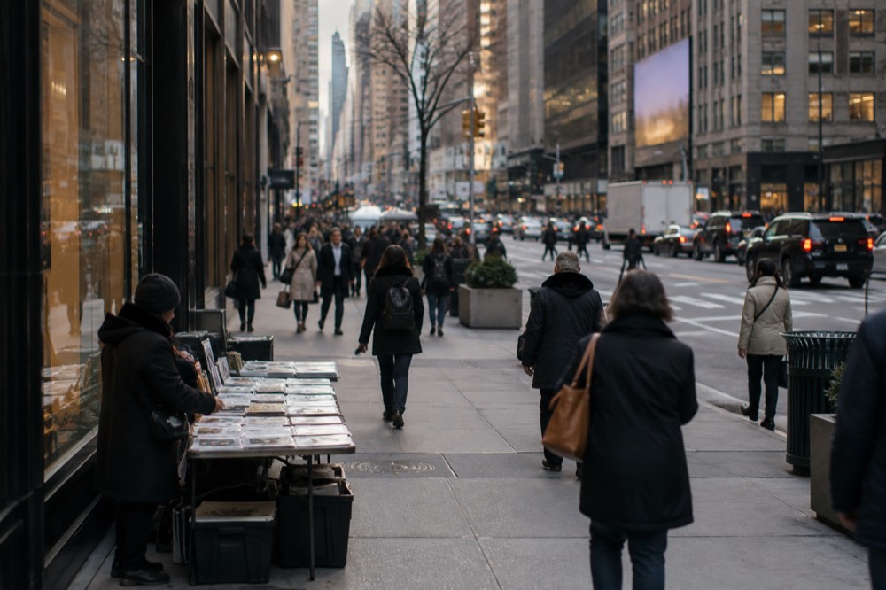 A street vendor table with folded papers on a busy Midtown sidewalk
