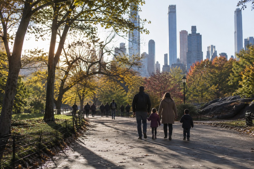A family with children walking along a wide park path in daylight