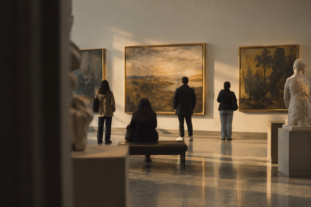 A quiet museum gallery with visitors standing before large paintings