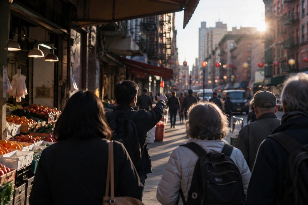 A guide leading a small group of visitors along a Chinatown street market in the late afternoon
