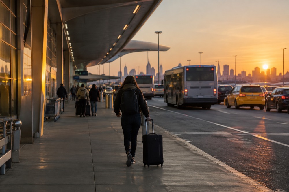 A LaGuardia airport terminal curb at dusk with buses and taxis waiting under overhead signs
