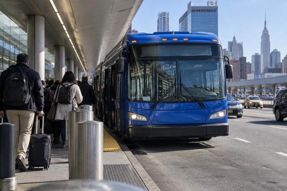 A blue LaGuardia Link bus pulled up at a bus stop outside an airport terminal