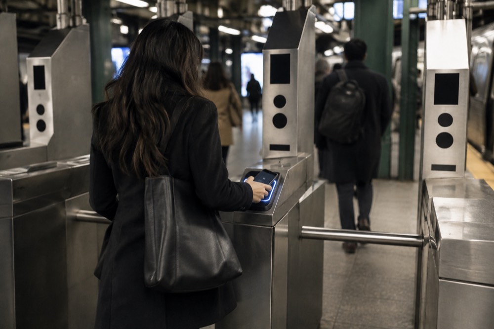 A commuter tapping a phone on an OMNY reader at a New York subway turnstile