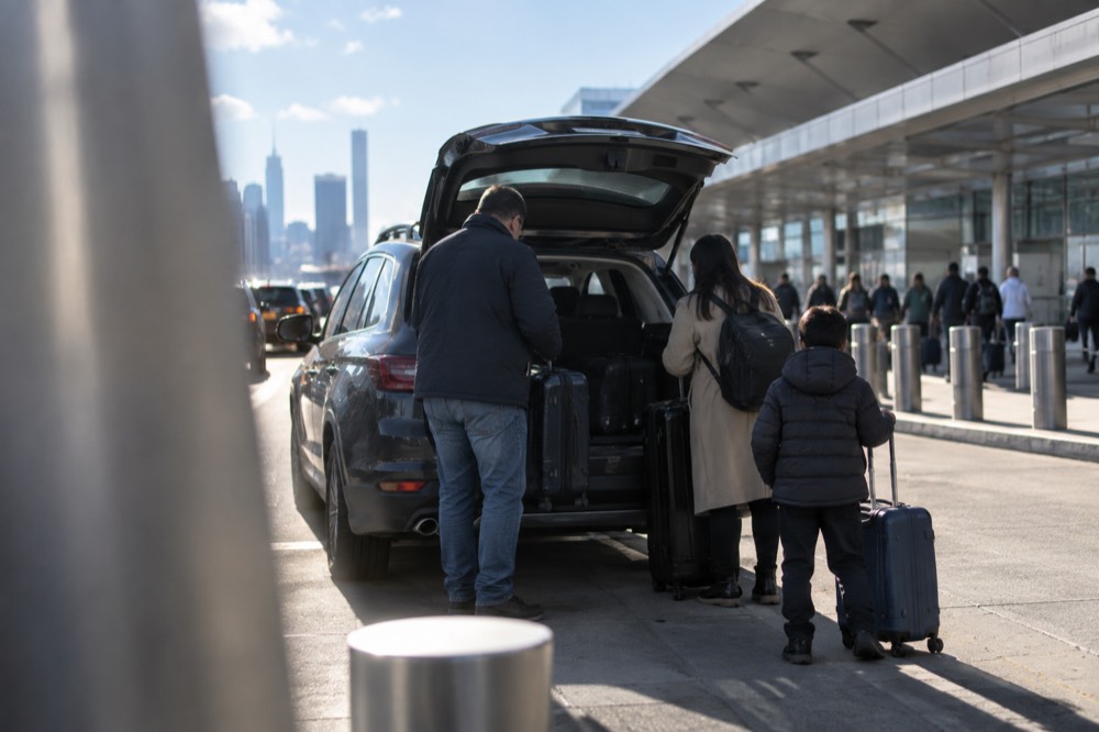 A family loading suitcases into a car outside an airport terminal