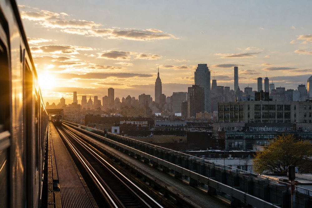 The Manhattan skyline seen from a Queens subway elevated track in late afternoon light