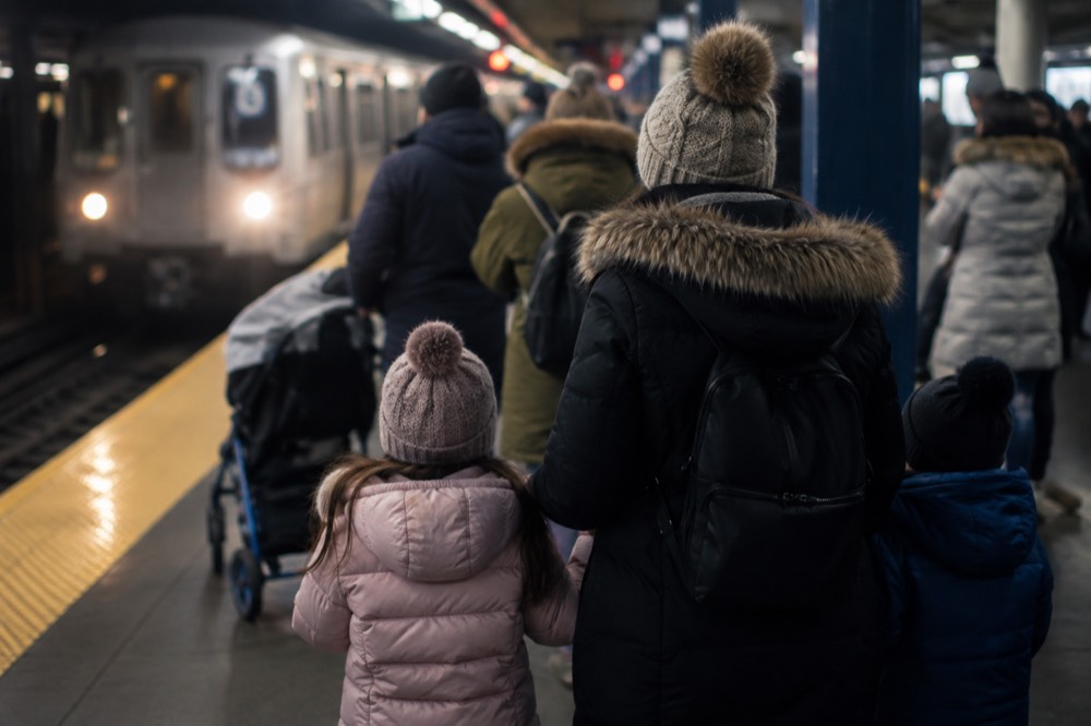 A crowded New York subway platform with families in coats waiting for a holiday morning train