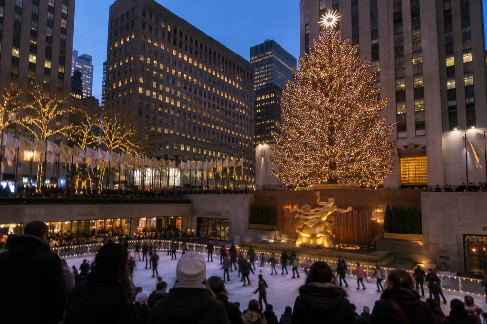 A large illuminated Christmas tree above an ice rink surrounded by festive crowds and flags