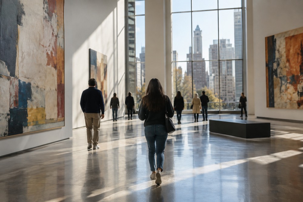 Visitors walk through a bright museum gallery with tall windows and large paintings