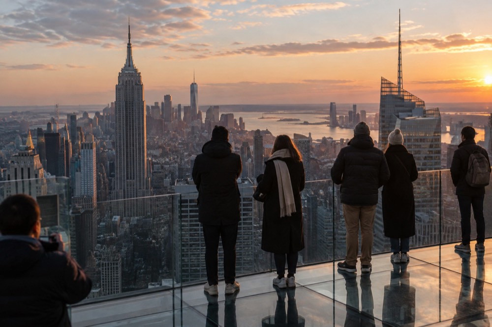 Visitors on a glass-floored observation deck look out over the Manhattan skyline at dusk