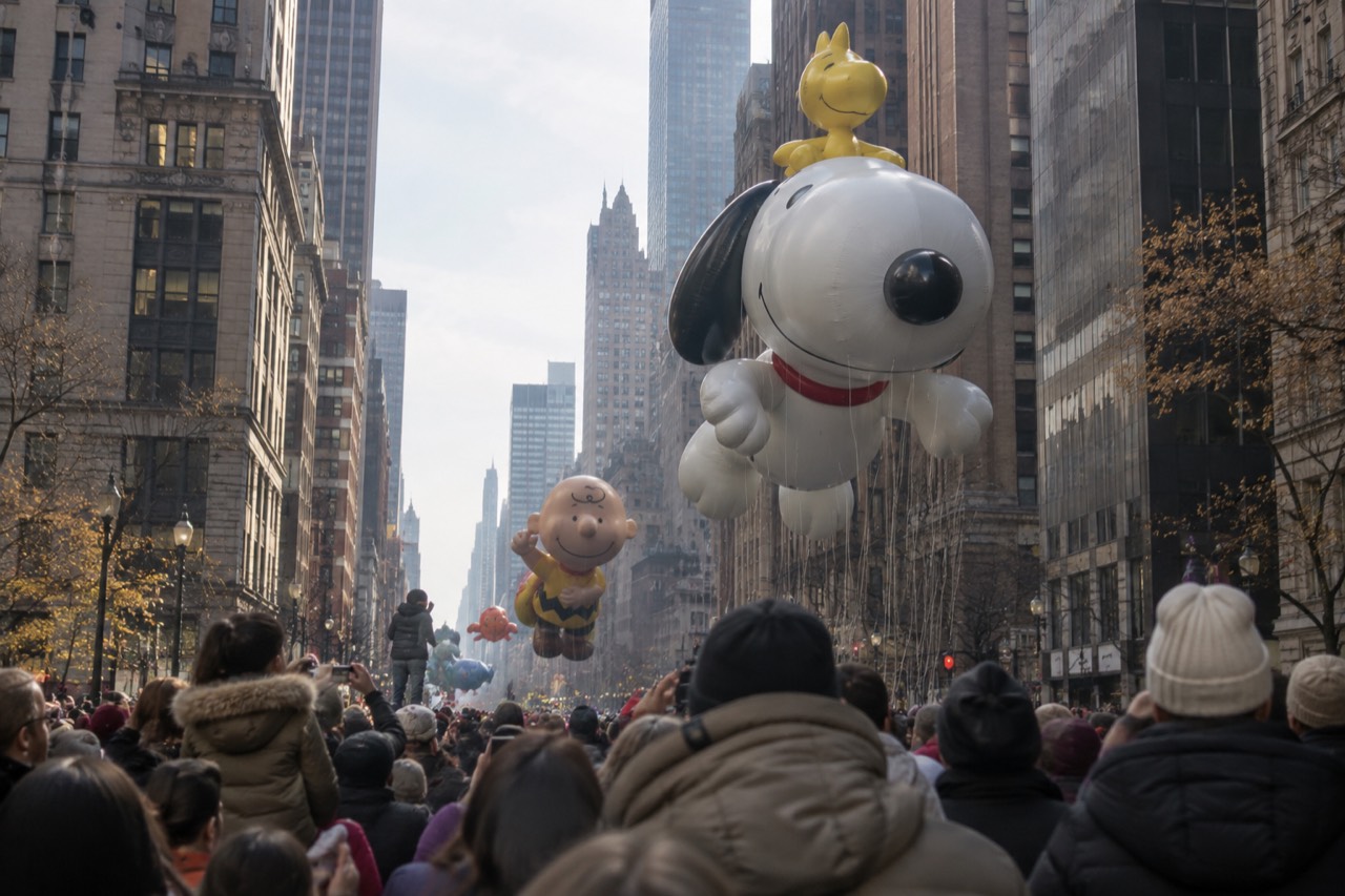 Crowds in coats and hats watch giant character balloons float down a wide Manhattan avenue lined with tall buildings