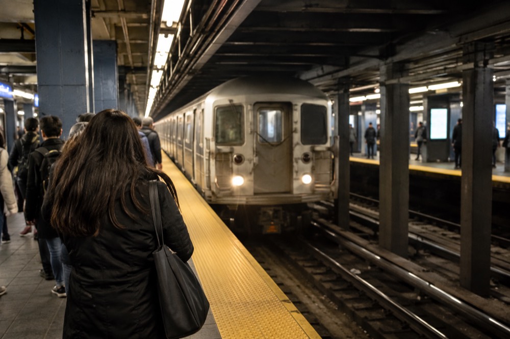 A busy New York subway platform with a train pulling in during the evening