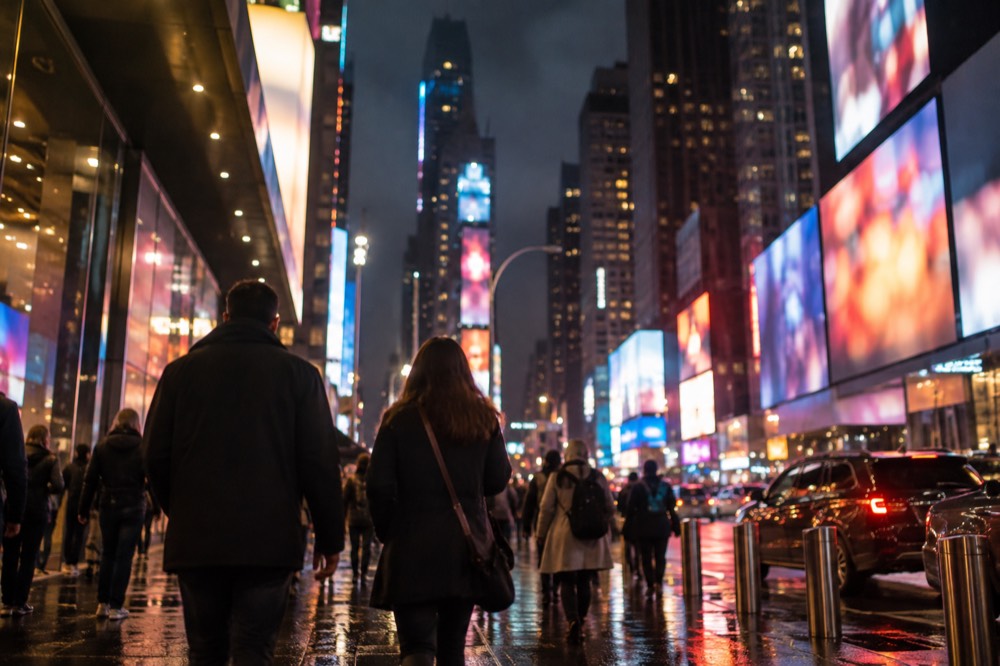 The Broadway theater district at night with marquees lit along the street