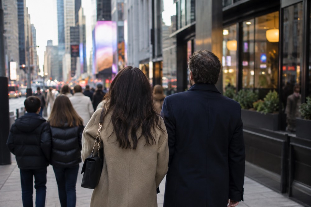 Families and couples walking through the Theater District before an evening show