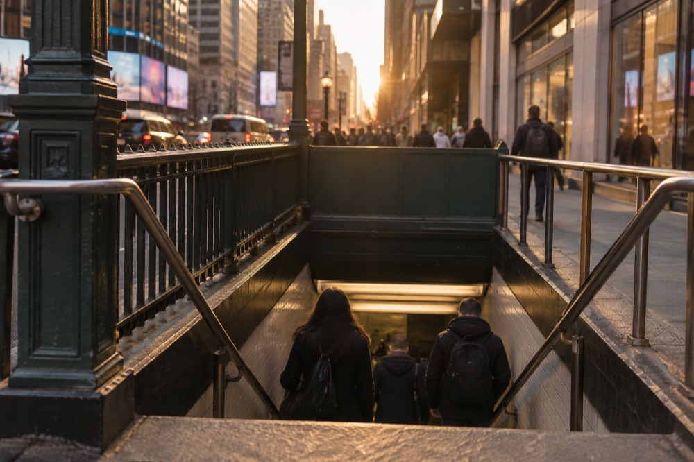 A subway entrance near the Theater District with people descending the stairs