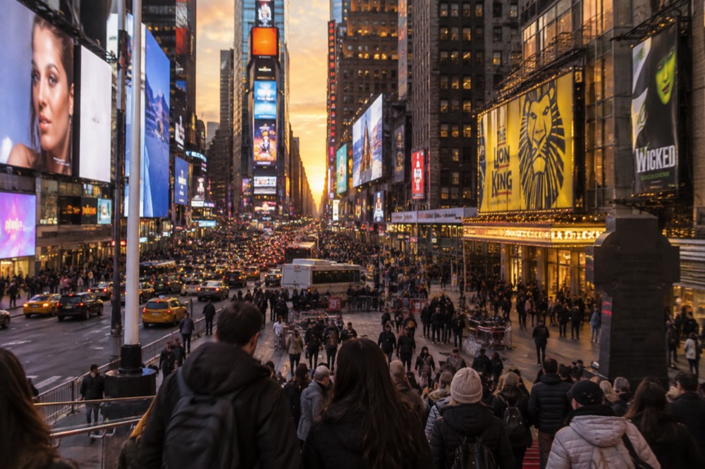 A brightly lit Broadway theatre marquee glowing against a New York City street at dusk