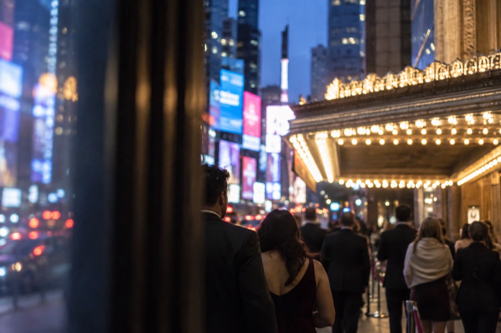 A glowing theatre entrance canopy with people in evening dress arriving for a show