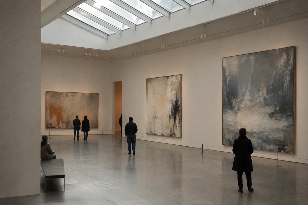 Gallery interior with visitors viewing large paintings under a skylight