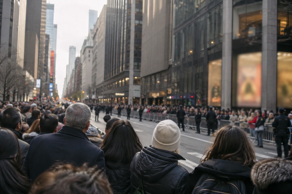 Police barricades forming a viewing pen on a closed Broadway in Midtown Manhattan
