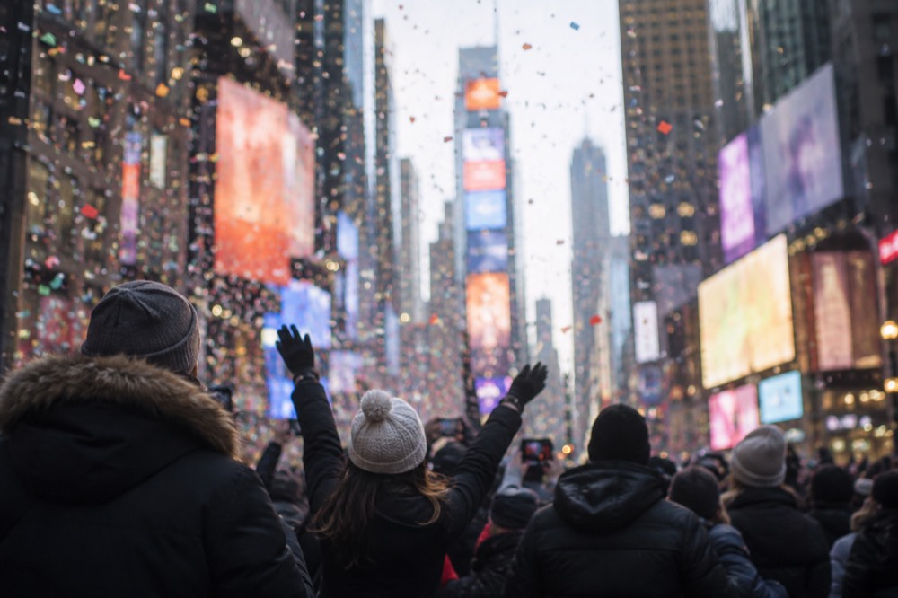 People in winter coats and hats celebrating as confetti falls over a bright city square