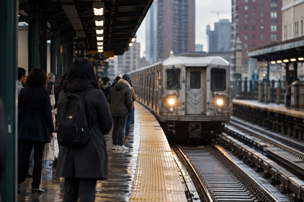 A subway platform in Manhattan with a train arriving and passengers waiting