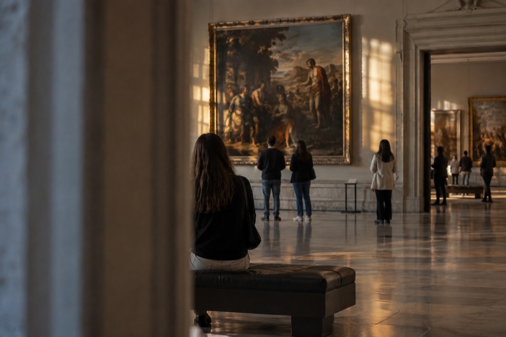 A grand museum gallery with visitors viewing large European paintings on the walls