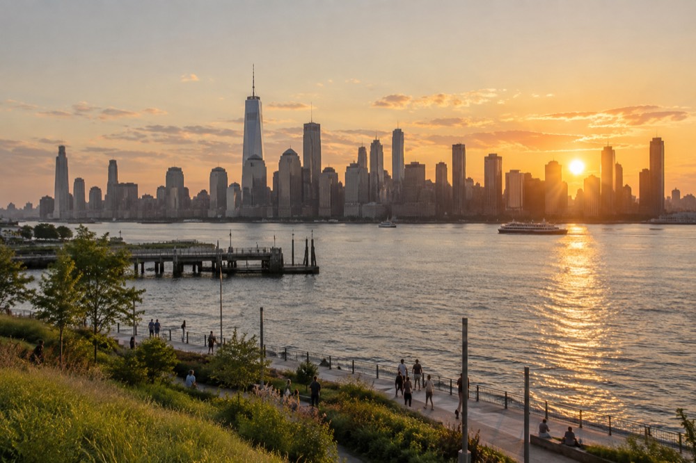 The Manhattan skyline seen from across the Hudson River at golden hour