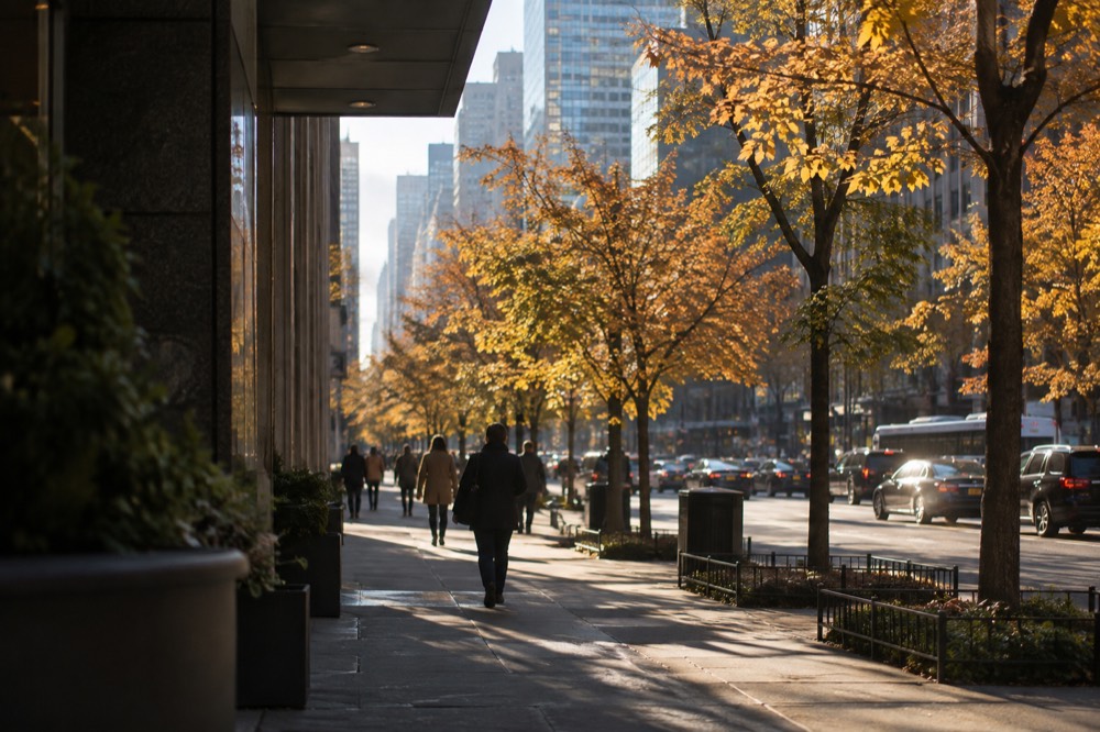 Autumn trees lining a wide New York sidewalk with skyscrapers behind them