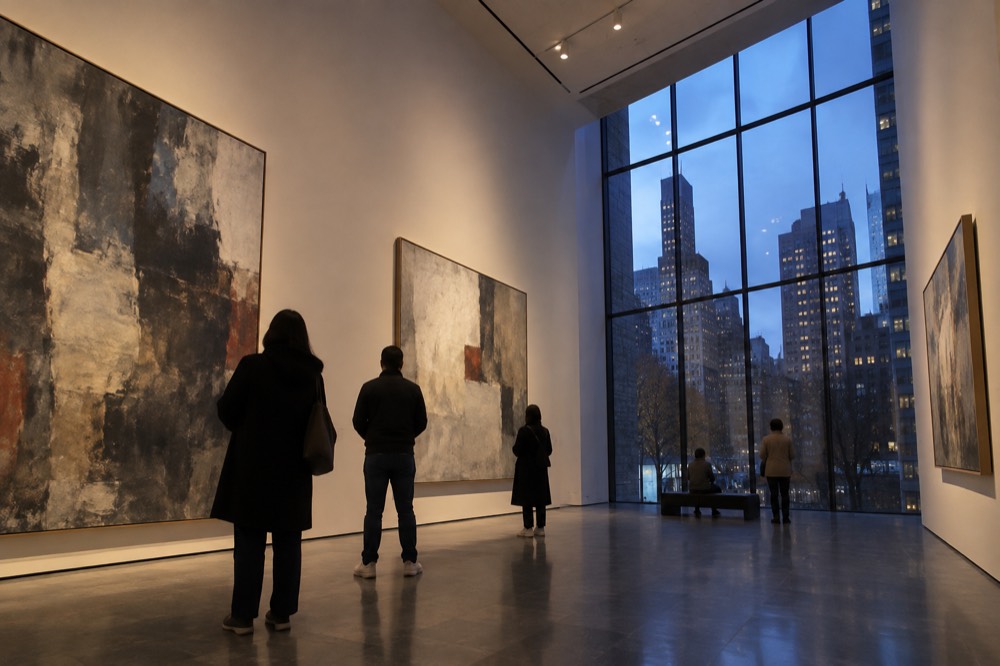 A museum gallery with visitors looking at large paintings