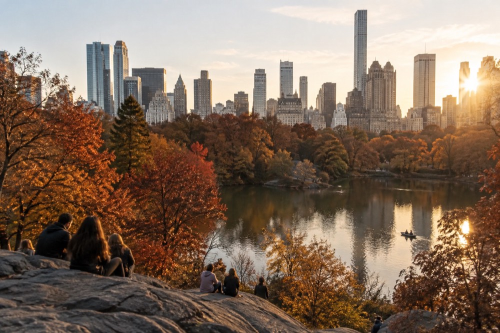 Central Park trees with orange and red autumn leaves around a lake, with skyscrapers behind them