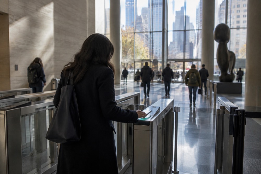 A visitor tapping a phone at a museum entrance turnstile