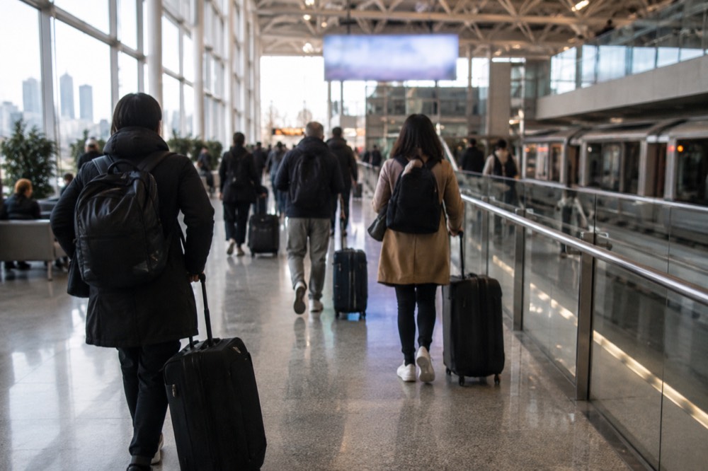 Travelers with rolling suitcases walking through an airport terminal toward a rail transfer sign