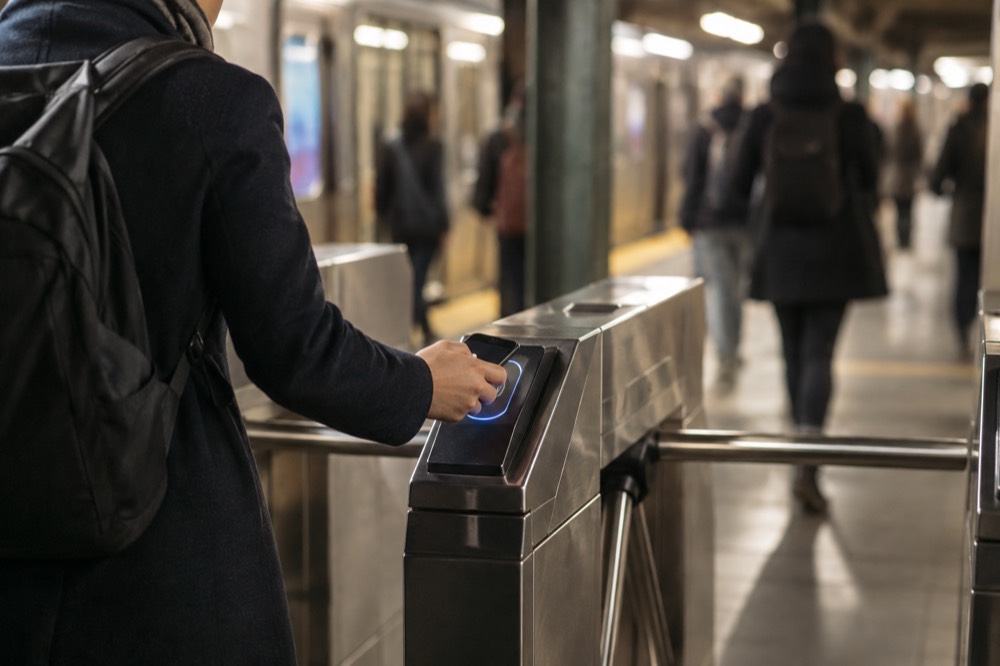 A traveler tapping a phone on a subway turnstile reader in a station