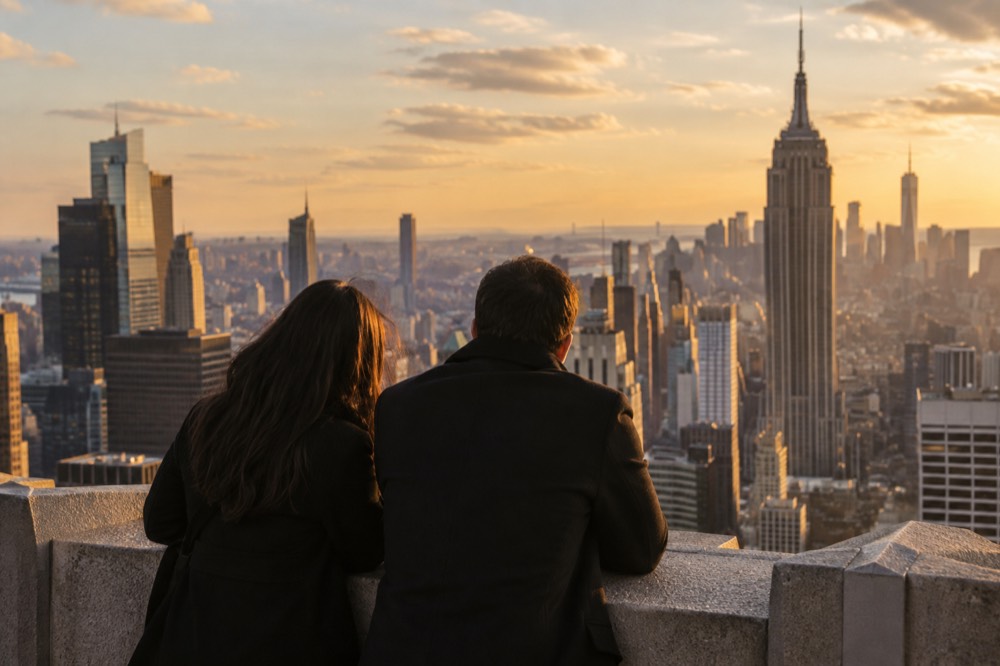 A couple looking at the skyline from a rooftop observation deck