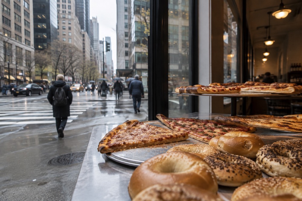 A table of pizza slices and bagels in a New York restaurant