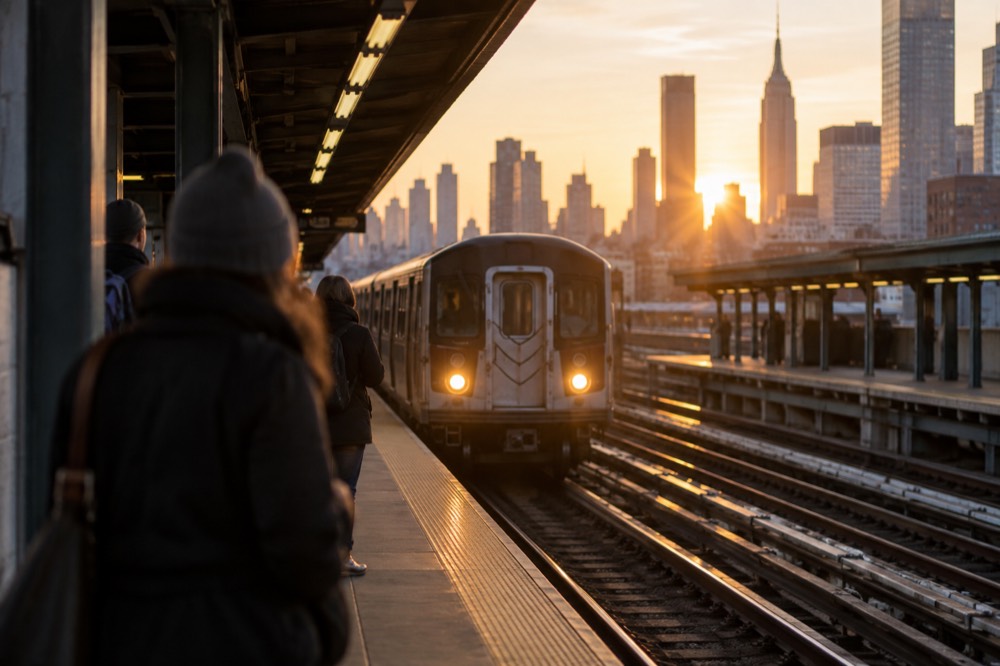 A subway platform in New York with a train arriving
