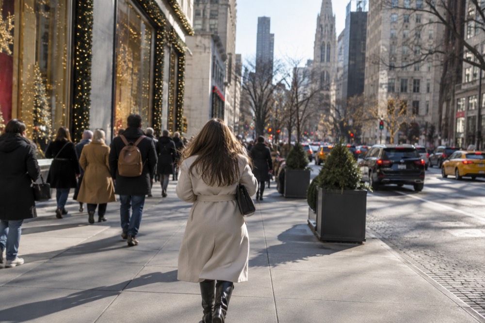Fifth Avenue store windows glowing with holiday displays and crowds on the sidewalk