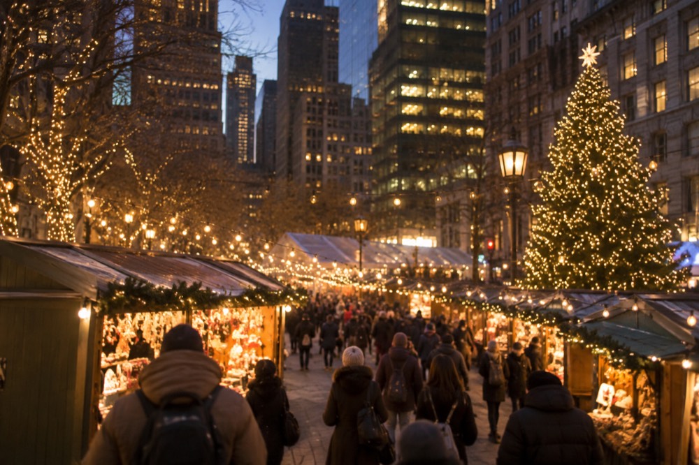 A holiday market at night with strings of lights above wooden stalls and a lit tree