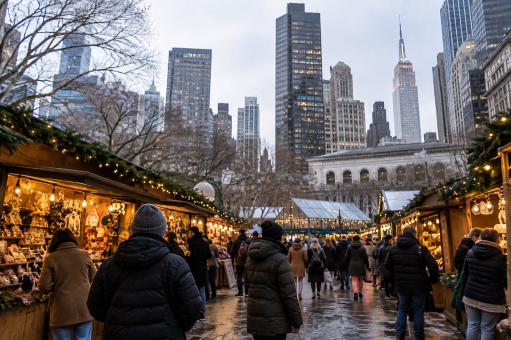 A Christmas market in New York City with wooden vendor stalls, strings of lights and the skyline behind