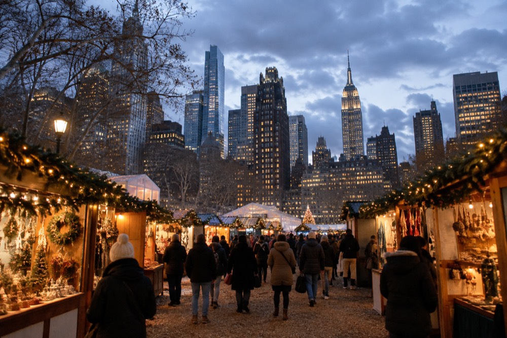 Festive vendor stalls with holiday goods at a Manhattan Christmas market in the evening