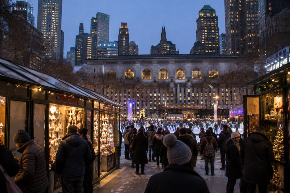 Visitors browsing holiday stalls at the Winter Village in Bryant Park with the ice rink behind