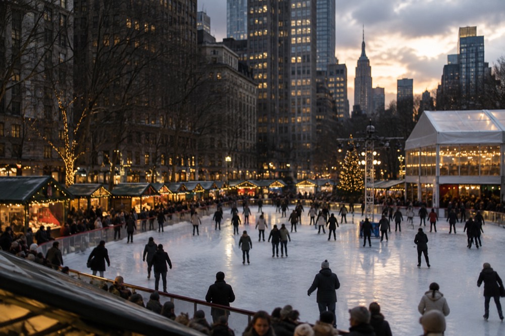 Skaters on an outdoor ice rink surrounded by holiday market stalls at dusk