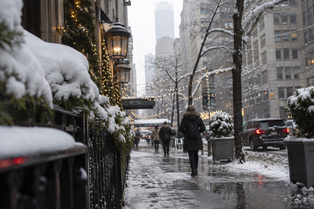 A snowy New York street with holiday lights strung above the sidewalk