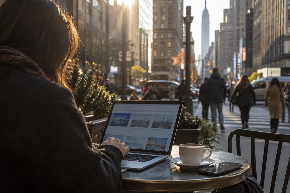 A traveler comparing ticket options on a laptop at a cafe table with a coffee beside them