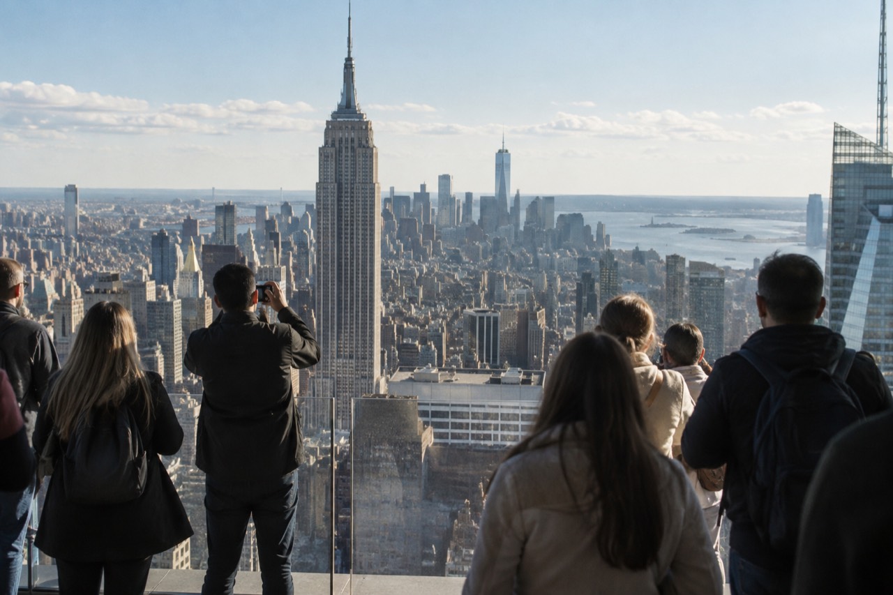 Visitors on a New York observation deck looking out over the Manhattan skyline at midday